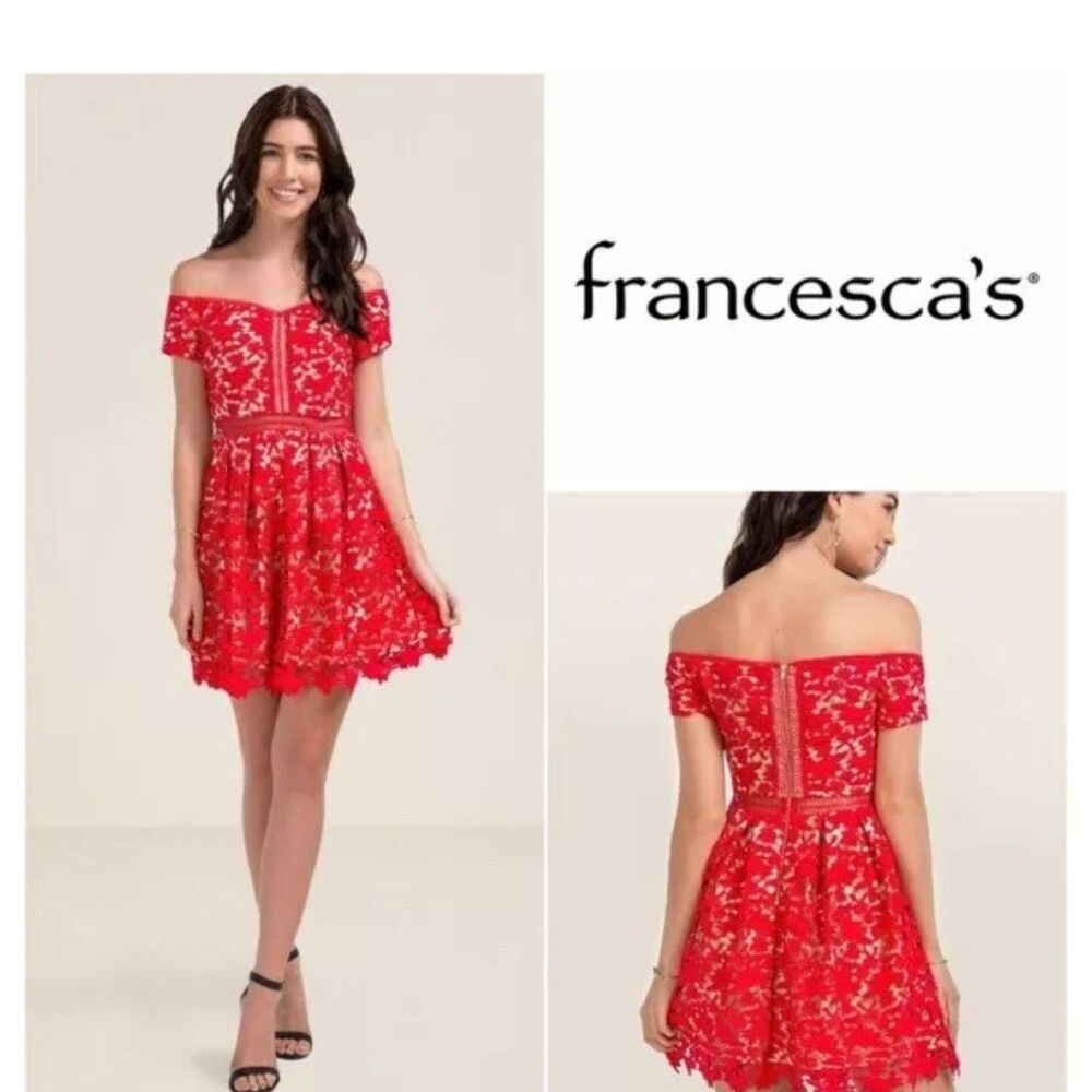 NWT Francesca's Red Crochet Lace Off Shoulder Cocktail Dress Medium LACY Party